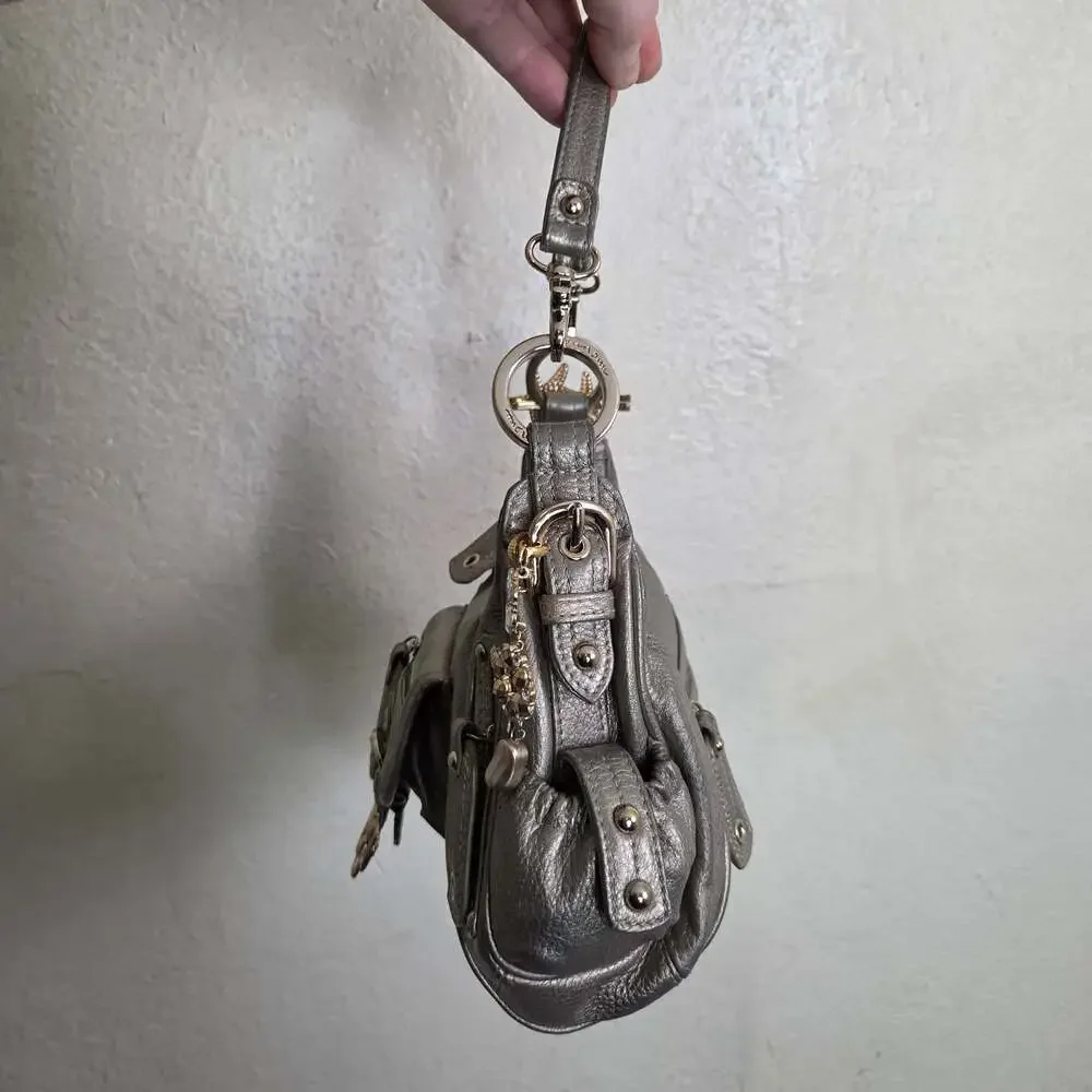 Junior Drake Metallic Leather Y2K Hobo Shoulder Bag with Hair Clips n Bag Charms